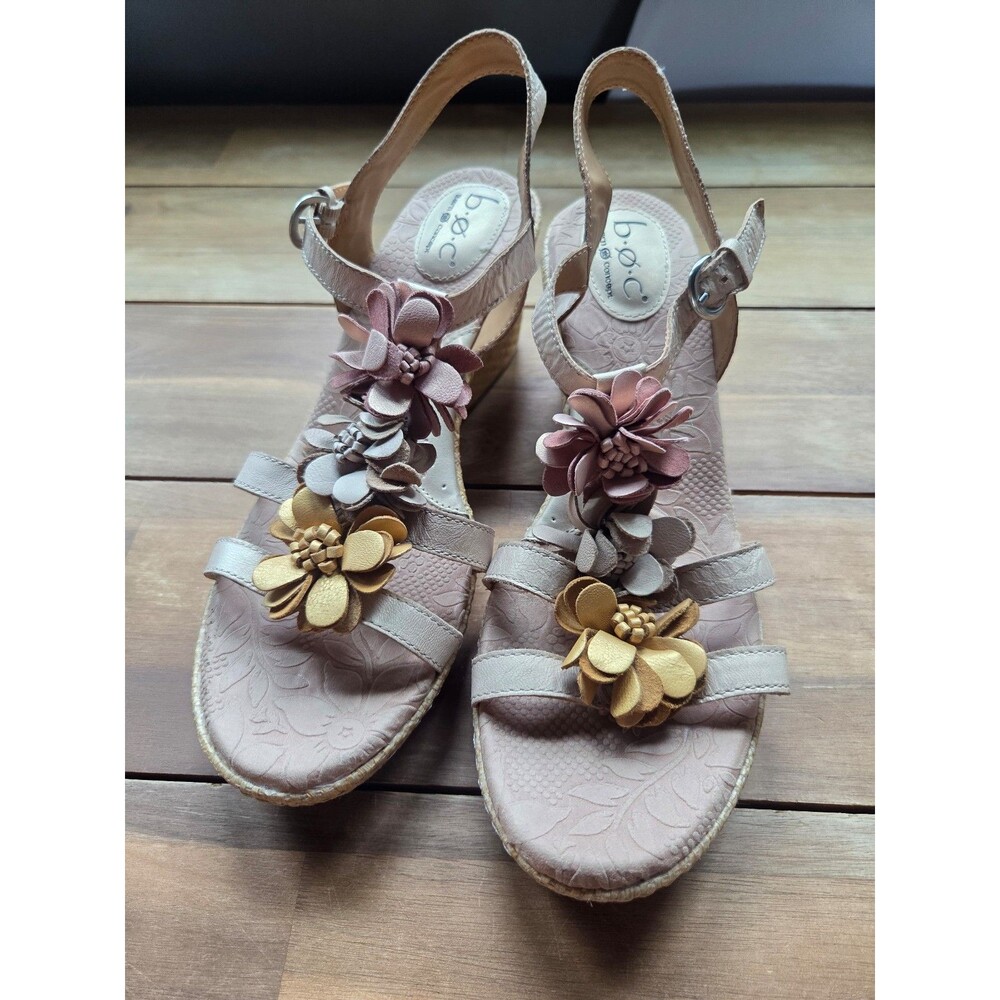 B.O.C. Floral Wedge Sandals Tan Cork 4 inch women's size 11